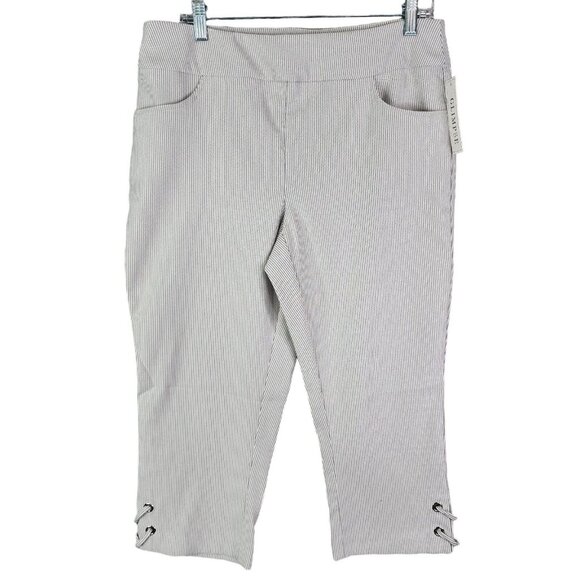 Womens Grey & White Striped Glimpse Capri Pants Straight Hi Rise Size L - Picture 1 of 15
